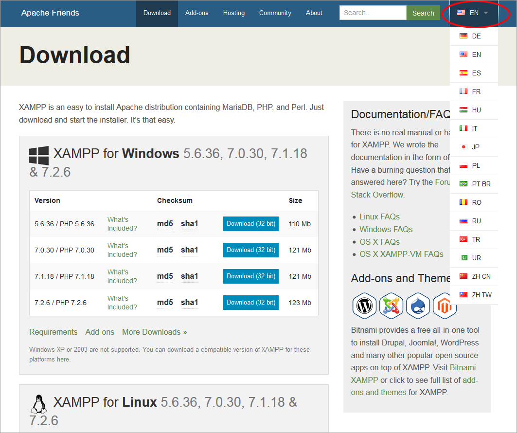 XAMPPのサイト・その他のバージョンページのスクリーンショット