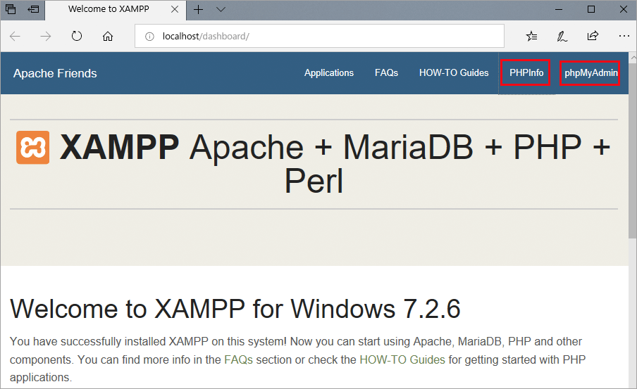 XAMPP のダッシュボードのスクリーンショット